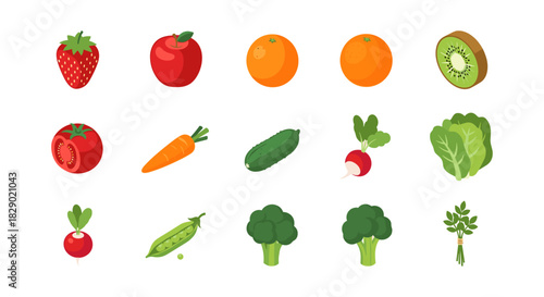 Fresh fruit and vegetables collection: healthy and colorful food icons for diet and nutrition