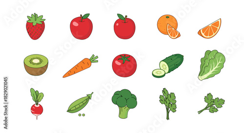 Colorful collection of fruits and vegetables on white background