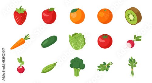Fresh fruits and vegetables in flat design on white background