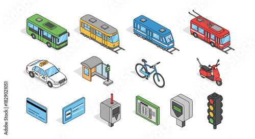 Public transportation isometric icons set: buses, trains, taxi, and more