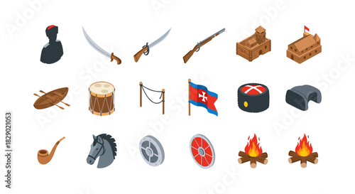 Isometric medieval warfare elements with weapons and flags