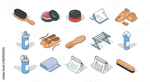 Shoe care essentials set in modern isometric style for cleaning and maintenance