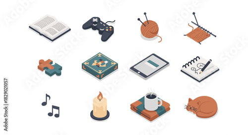 Cozy hobbies and relaxation elements isometric set