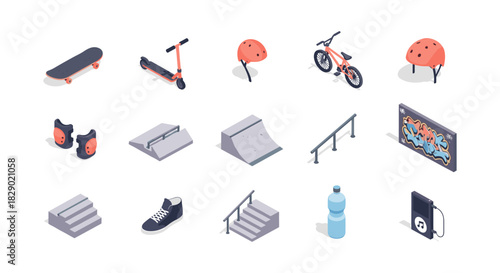 Urban skatepark equipment and accessories in isometric style
