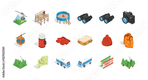 Isometric travel and adventure icons set: hiking, camping, and outdoor exploration elements