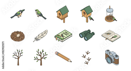 Birdwatching essentials: isometric icons of birds, feeders, and equipment