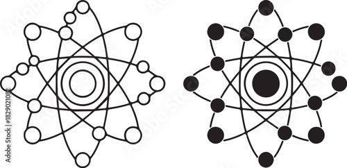 Atom Model Icon In Outline And Solid Black With Electrons Orbiting Keywords: atom, science, model, nucleus, electrons, orbit, atomic, particle, energy, research, technology, on transparent background