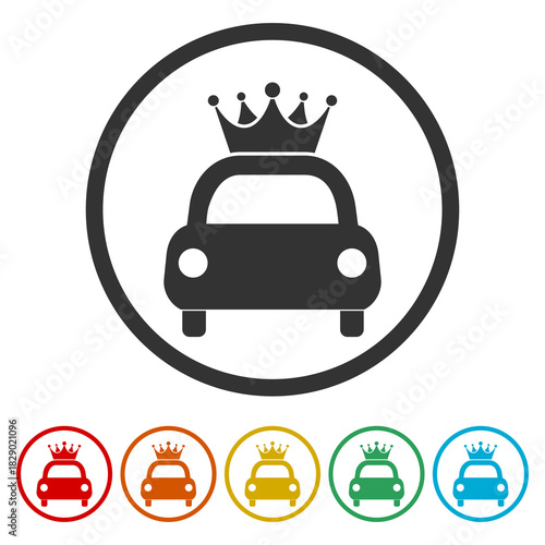 Simple car with crown icon. Set icons in color circle buttons