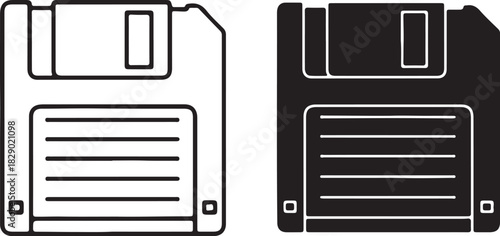 Black and white floppy disk icons on a white background diskette storage on transparent background
