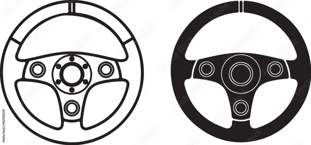 Fototapeta premium Outline and Silhouette Icons of a Racing Steering Wheel automobile vehicle on transparent background