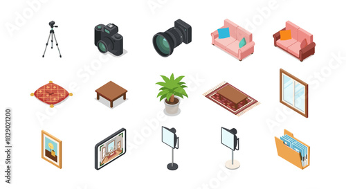 Isometric interior objects with camera and equipment for creative workspace design