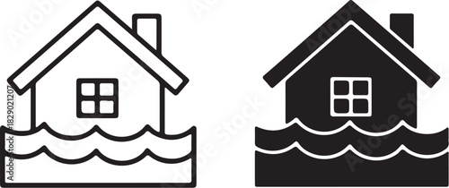 House Icon Flooded With Water Outline and Filled Versions home disaster on transparent background