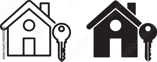 House Icon with Key Outline and Solid Fill for Real Estate home property on transparent background