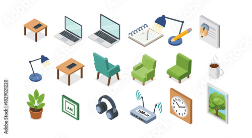 Isometric office essentials: laptops, chairs, and decor elements for productivity