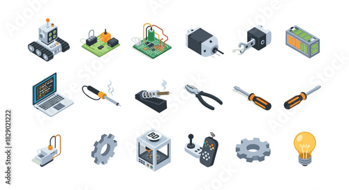 Isometric electronics tools and components set for engineering projects