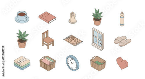 Cozy home essentials: isometric warmth with plants, books, and soft textiles