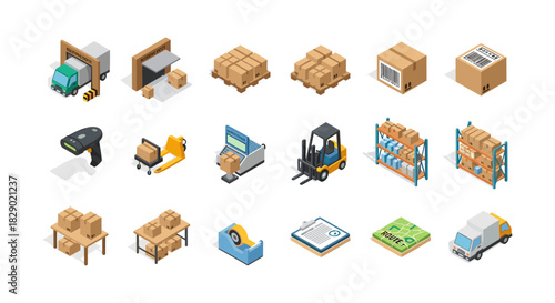 Isometric warehouse logistics and inventory management elements set