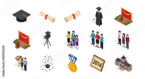 Isometric graduation elements set: caps, diplomas, podiums, and medals for academic achievements