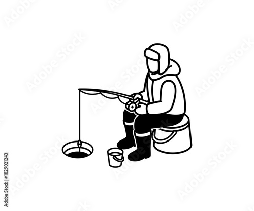 Ice fishing adventure: monochrome line art of an angler braving the cold