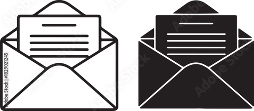 Open Envelope With Letter Icon In Outline And Solid Black Versions Keywords: envelope, letter, mail, message, communication, correspondence, document, paper, icon, symbol, on transparent background