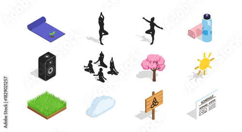Isometric icons illustrating yoga, nature, and wellness activities