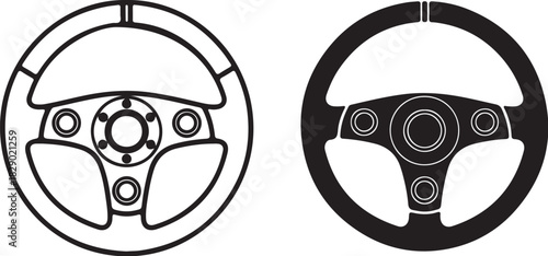 Outline and Silhouette Icons of a Racing Steering Wheel automobile vehicle on transparent background