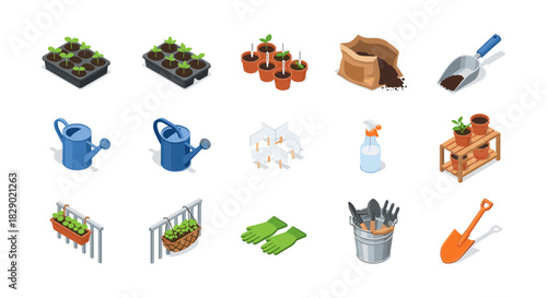 Isometric gardening tools and plants collection for modern horticulture design