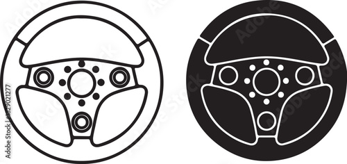 Outline and Silhouette Icons of a Sports Steering Wheel automobile vehicle on transparent background