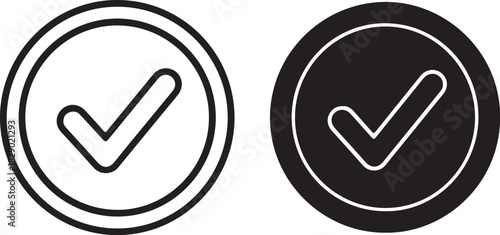 Outline and Solid Black Checkmark Circle Icons Side by Side on White Background tick correct on transparent background