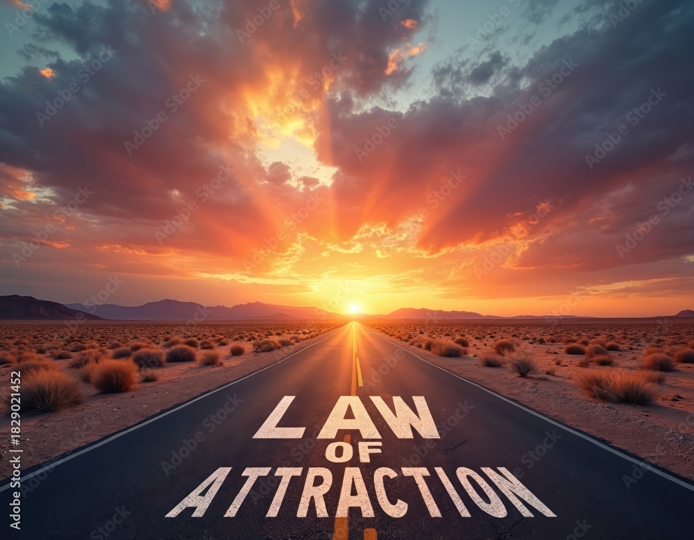 Naklejka premium Desert highway leads to bright sun with law of attraction text painted on asphalt. Dramatic clouds fill sky, indicating hope and future success on path.