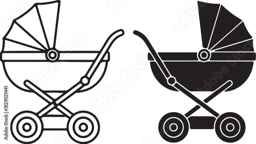 Two baby stroller icons one outline and one solid black pram pushchair on transparent background