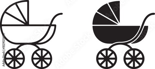 Two Baby Stroller Icons One Outline One Solid Black With Spoked Wheels Keywords: baby stroller, pram, carriage, baby transport, infant, child, parenting, icon, symbol, on transparent background