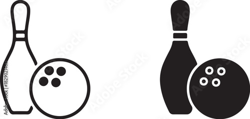 Two Bowling Icons One Outline One Solid Black Showing Pin and Ball sport game on transparent background
