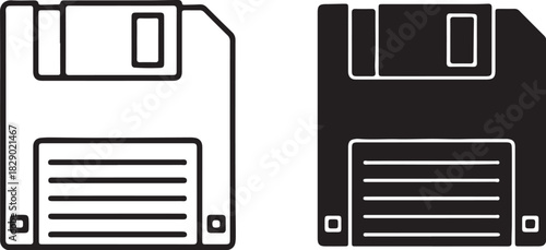 Two floppy disk icons one outlined and one solid black on a white background diskette computer on transparent background