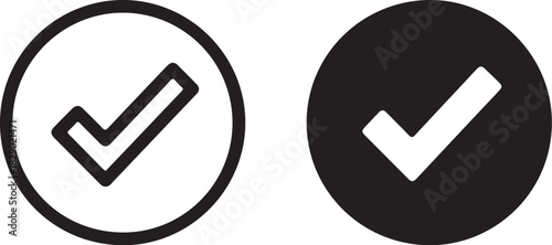 Two Circle Icons with Check Mark Symbols One Outline One Solid Black tick on transparent background