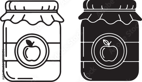 Two jam jar icons one outline and one solid black with an apple label preserve fruit on transparent background