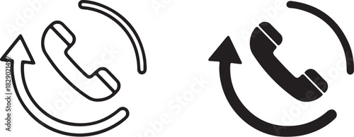 Two phone icons with circular arrows one outlined and one solid black on a white background telephone on transparent background