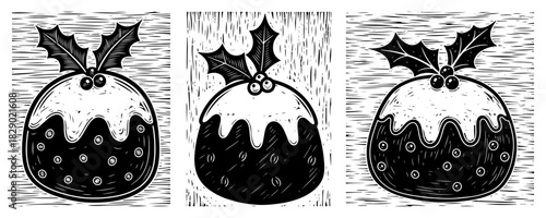 Christmas pudding vector set with holly berries in woodcut style showing traditional winter dessert cake in linocut engraving design