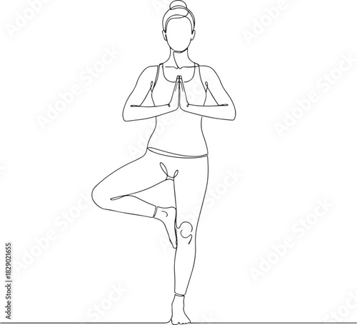 Woman Performing Tree Pose (Vrksasana) Continuous Line Art