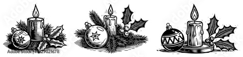 Set of Christmas compositions with burning candle and bauble hand drawn vector illustration in vintage engraving style