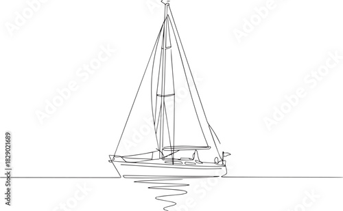 Single Line Drawing of a Sailboat on Water with Reflection