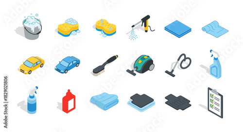 Isometric cleaning supplies and car wash tools set