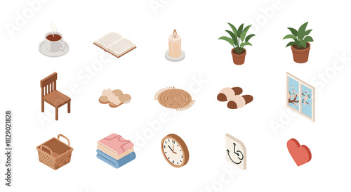 Cozy home isometric icons: plants, decor, textiles, and relaxing elements