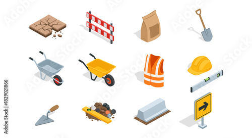 Isometric construction set with tools, safety gear, and materials