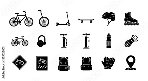 Cycling and skating gear icons: silhouette set for urban transport and safety