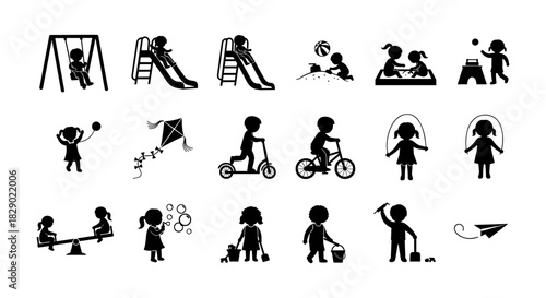 Children playing silhouettes: playground fun, biking, and creative activities