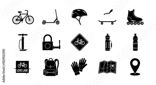 Silhouette icons of biking and outdoor activities for urban adventure enthusiasts