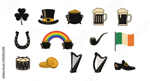 Irish symbols collection featuring shamrock, leprechaun hat, rainbow, and more