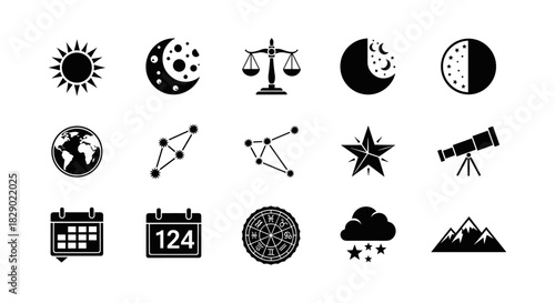 Celestial and astrological icon set with constellations and scales motif
