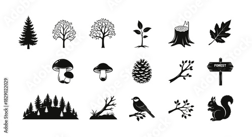 Forest elements set with trees, mushrooms, pine cone, and animals in silhouette style